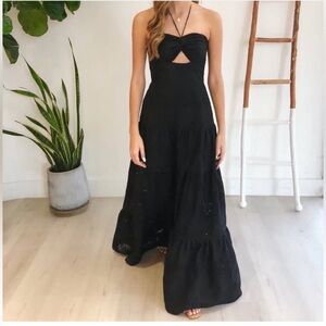 Karina Grimaldi Cecil Black Cotton Eyelet Lace Summer Ruffled Maxi Dress size S
